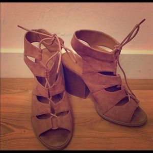 Pink Lace Up Block Heels